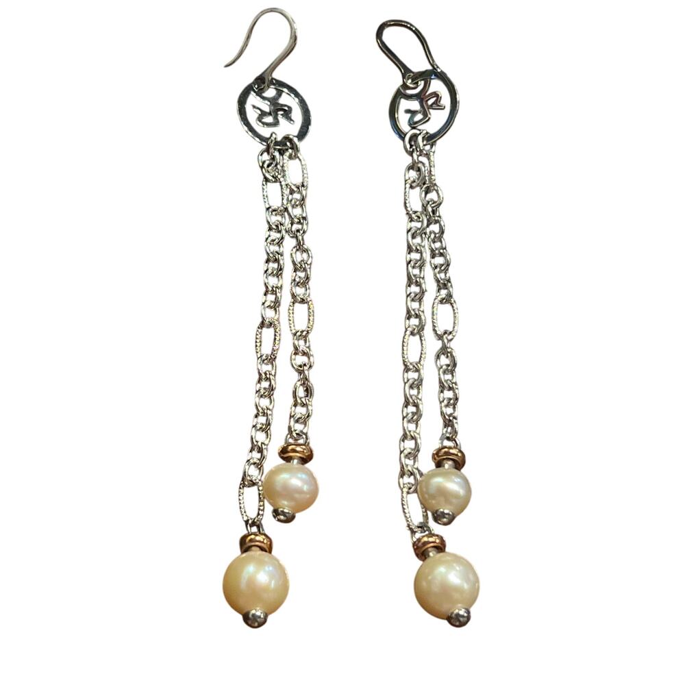Rebecca Steel Bronze Pearl Chain Dangle Earrings